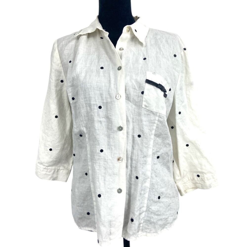Richard Malcolm 100% Irish Linen white Black Dots Button Down Shirt Size XL